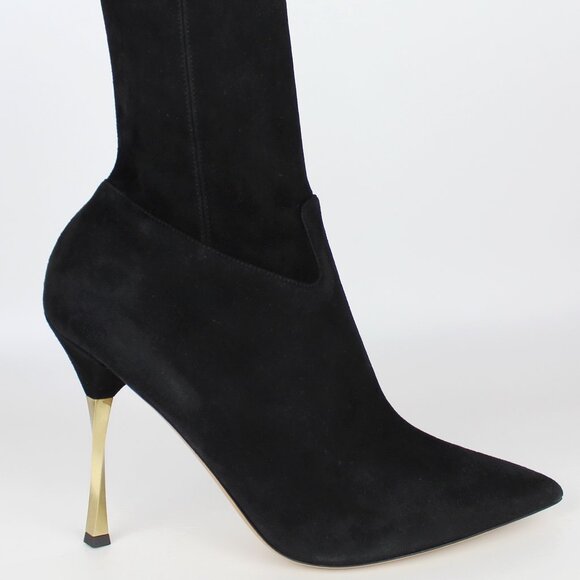 NEW Valentino Garavani Stretch Suede Sock Stiletto Boot Gold Heel | Runway Sleek - Picture 13 of 16